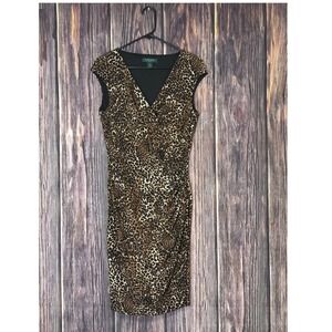 Lauren Ralph Lauren Leopard Print Sheath Dress Womens 10 Brown Ruched Wrap